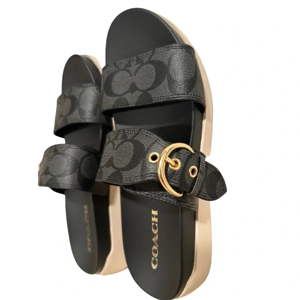 COACH Gwen Signature Black Golden Buckle Leather Strap Sandals 8B US / 38.5 EU - Picture 4 of 16